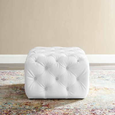Luxe White Faux Leather Tufted Square Ottoman with Dense Foam Padding