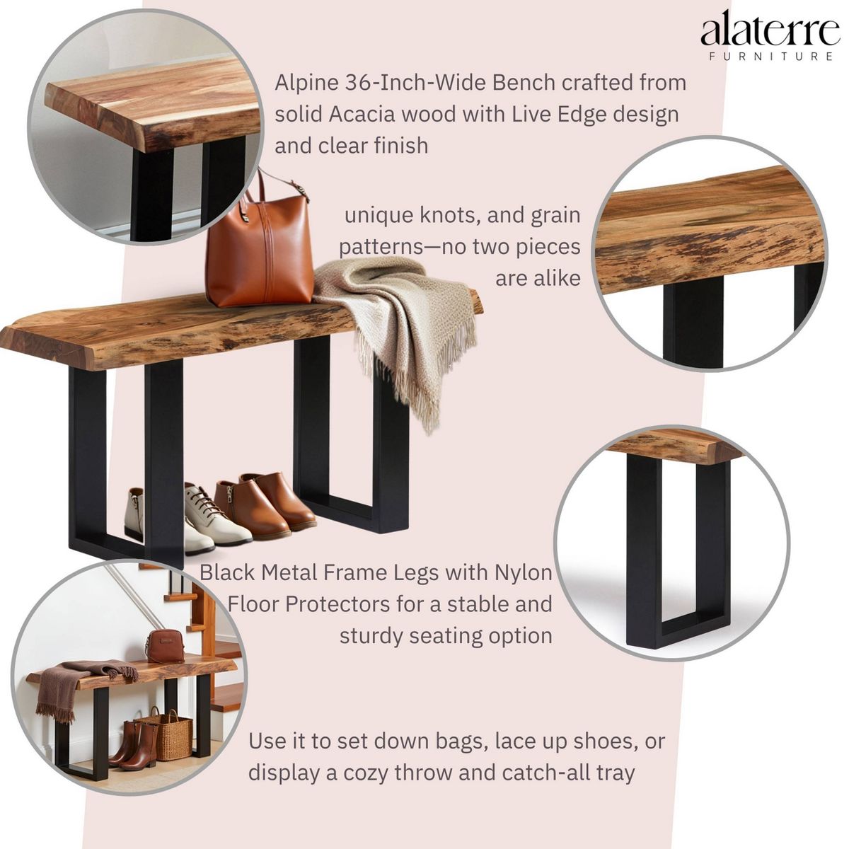 Alaterre Furniture Alpine Bench Natural Brown - thumbnail 3