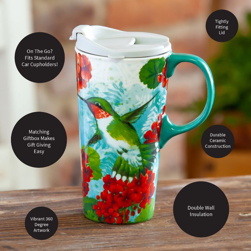 Evergreen Hummingbird Trio Ceramic Travel Coffee Mug, 17 ounces, 5 of 6