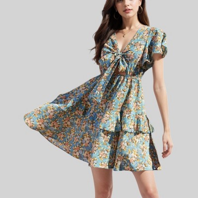 Anna-Kaci Women's Floral Print Tie-Front Dress with Puff Sleeves and Tiered Skirt