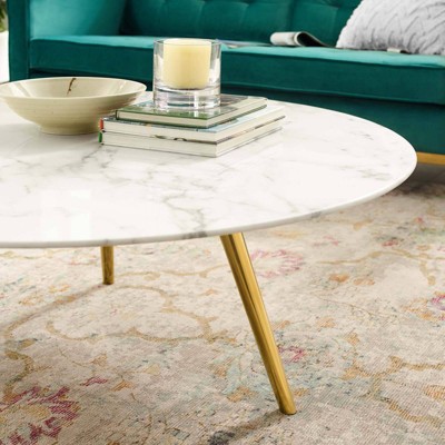 39.5" Luxe Gold & White Faux Marble Round Coffee Table