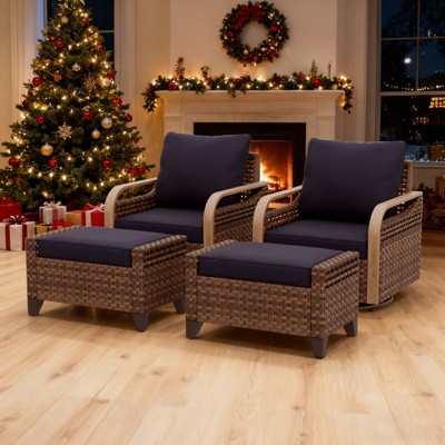 EAGLE PEAK Wicker Outdoor Glider Rocking Chair, Swivel Rocker, 2 Chairs 2 Ottomans, 4 Piece