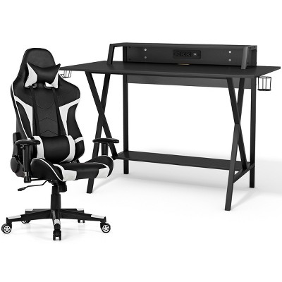 Tangkula Gaming Desk& Massage Gaming Chair Set Gamer Workstation with Headphone Hook