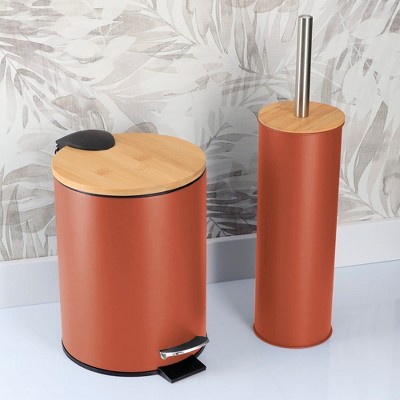 Evideco French Home Goods Bathroom Set with Bamboo Lid - Matte Metal Trash Can and Toilet Brush