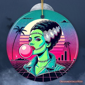 Vaperwave Mrs Frankenstein Retro Neon Horror Ornament, Synthwave 80's Styled Classic Halloween Gift and Decor | OrnamentallyYou - 1 of 4