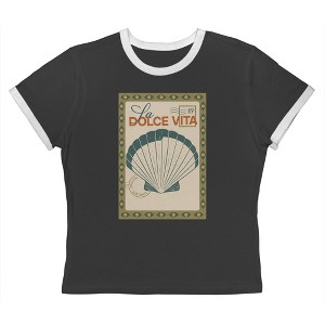Rerun Island Women's La Dolce Vita Shell Short Sleeve Graphic Cotton Retro Vintage Ranger Baby Tee - Caviar White S - 1 of 4