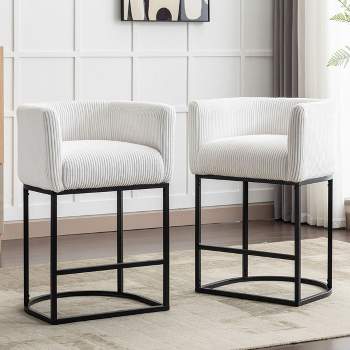 27.5" Counter Height Stools with Barrel Back and Arms,Modern Bar Stools Set of 2, Upholstered Seat Linen Kitchen Island Chair with Black Metal Frame