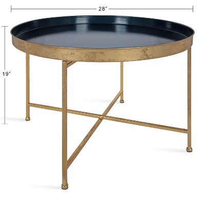 Navy Blue and Gold Leaf Round Lift-Top Metal Coffee Table