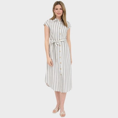 August Sky Women's Stripe Button Down Collared Belted Shirt Dress
