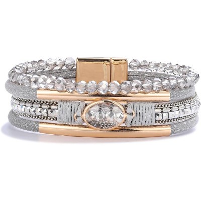 Leather Wrap Bracelet with Crystal Beads & Stone Charm, Boho Cuff with Clasp for Women