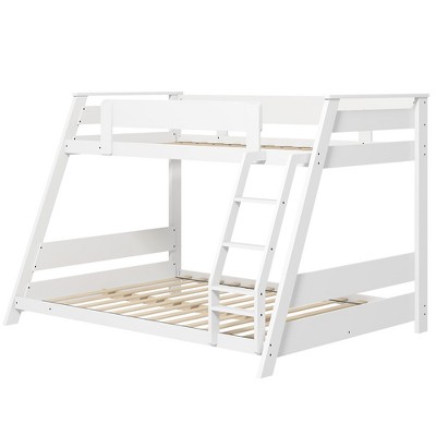 Tangkula Twin Over Full Low Bunk Bed Solid Wooden Floor Bunk Bed w/ Reversible Ladder