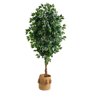 Nearly Natural 6-ft Ficus Artificial Tree with Natural Trunk in Handmade Natural Jute Planter with Tassels - 1 of 4