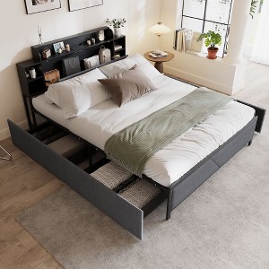 Famapy Queen Bed Platform Bed: Sturdy Construction,Headboard,Upholstered & Metal Frame, Hidden&le Storage – Great for Organized Bedrooms - 1 of 4