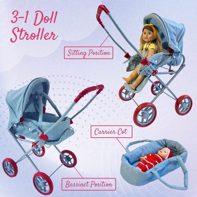 Light Denim 3-in-1 Doll Stroller with Removable Bassinet