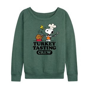 Women's - Peanuts - Turkey Tasting Crew Lightweight French Terry Wide Neck Long Sleeve Shirt - 1 of 4