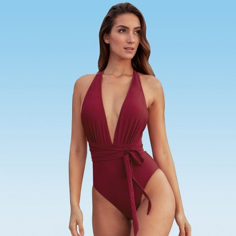 Women's Deep V Neck One Piece Swimsuit - Cupshe-S-Red