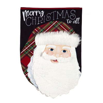 Evergreen Merry Christmas Plaid Santa Garden Linen Flag