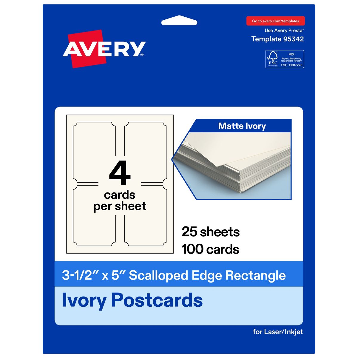 Avery Matte Ivory Postcards, 3-1/2" x 5" Rectangle Scalloped Edge