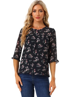 INSPIRE CHIC Women's Round Neck Ruffle 3/4 Sleeve Floral Print Chiffon Blouse