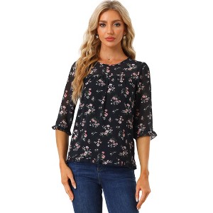 INSPIRE CHIC Women's Round Neck Ruffle 3/4 Sleeve Floral Print Chiffon Blouse - 1 of 4