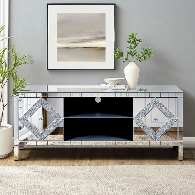 NicBex Mirrored TV Stand with Crushed Diamond Glass Doors, Modern Media Entertainment Center for Living Room, Silver