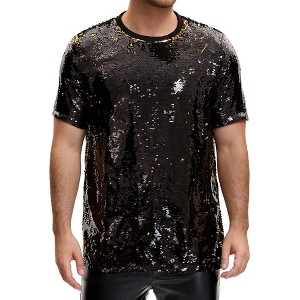 Lars Amadeus Men's Short Sleeve Round Neck Regular Fit Party Club Sparkly Disco Sequin T-Shirt - 1 of 4