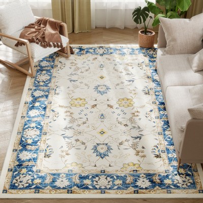HOMCOM Machine Washable Area Rug 5x7, Non-Slip Boho Floral Print Floor Carpet for Living Room, Bedroom, Dining Room, Blue