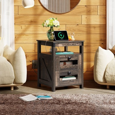 Nightstand with Charging Station, 2-Drawer End Table for Bedroom and Living Room, Farmhouse Side Table with USB Ports and Outlets, Dark Rustic Oak