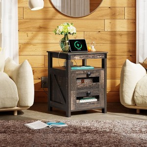 Nightstand with Charging Station, 2-Drawer End Table for Bedroom and Living Room, Farmhouse Side Table with USB Ports and Outlets, Dark Rustic Oak - 1 of 4