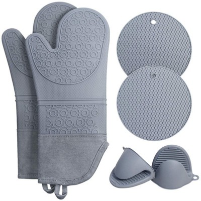 BRINJOY 6-Piece Kitchen Oven Mitt & Potholder Set - Extra Long 500¡ãF Heat Resistant Silicone Mitts with Non-Slip Grip (Gray)
