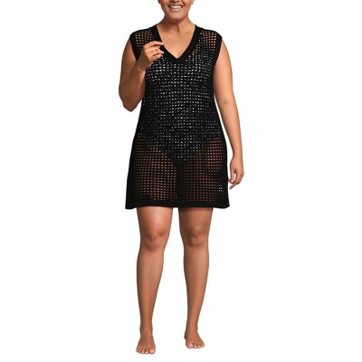 Lands' End Women's Cotton Open Knit V-Neck Swim Cover-up Dress