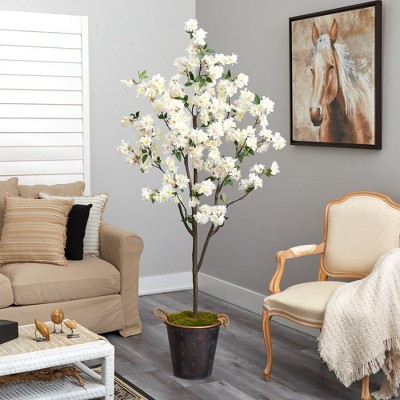 6-ft White and Pink Cherry Blossom Artificial Tree in Rustic Metal Pail