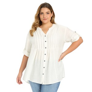 Women's Plus Size Textured Pintuck Notch Neck 3/4 Sleeve Loose Casual Button Down Shirts - GRACE & GRANDEUR - 1 of 4