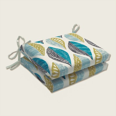 Set of 2 Leaf Block Outdoor/Indoor Squared Corners Seat Cushions Teal/Citron - Pillow Perfect