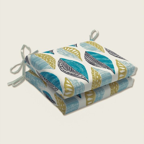 Set of 2 Leaf Block Outdoor/Indoor Squared Corners Seat Cushions Teal/Citron - Pillow Perfect - image 1 of 4