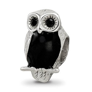 Black Bow Jewelry Sterling Silver, CZ and Black Enameled Wise Owl Bead Charm - 1 of 4