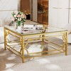 HTUTWOO 31.5" Brown Glass Coffee Table, Modern Cocktail Table Asymmetrical Metal, Circular Metal Drum Base With Lower Shelf For Living Room - 2 of 4