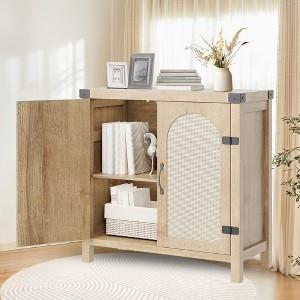 Rattan Buffet Cabinet with Storage – Sideboard with Synthetic Rattan-Accent Doors, Adjustable Shelves, and Rustic Wood Finish, Oak - 1 of 4