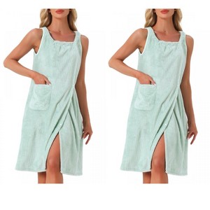 INSPIRE CHIC Women's 2 Pcs Shower Wrap Wearable Button Bath Towel Robe Sleeveless Snap Dress with Pockets - 1 of 4