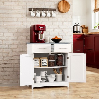 VANIRROR Sideboard Buffet Cabinet, Coffee Bar With Cabinet Two Drawers, Sideboard Cabinet for Kitchen, Living Room, Entryway, White And Gray Top