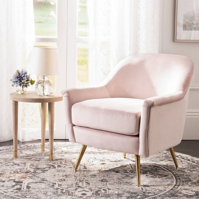Blush Pink Velvet & Wood Contemporary Arm Chair with Brass Legs