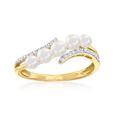 Ross-Simons 3-4mm Cultured Pearl and .10 ct. t.w. Diamond Wave Ring in 14kt Yellow Gold Size 7