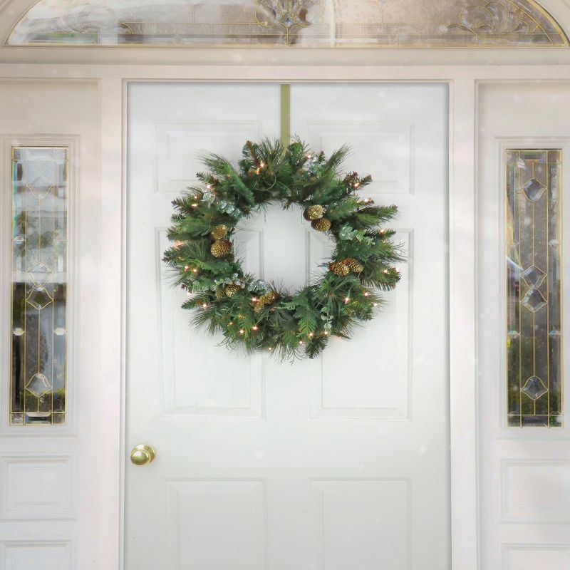 National Tree Company First Traditions Pre-Lit North Conway Christmas Wreath with Pinecones and Frost, Warm White LED Lights, Battery Powered, 24 in, 2 of 5