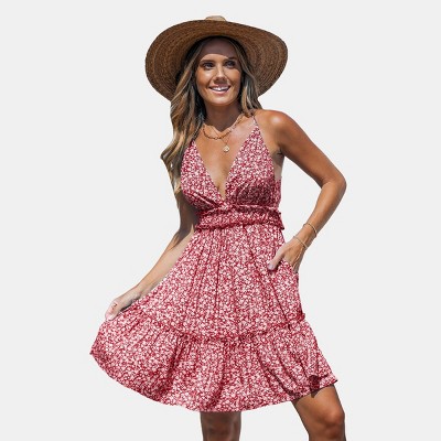 Women's Blue/Red Ditsy Floral V-Neck Mini Dress - Cupshe