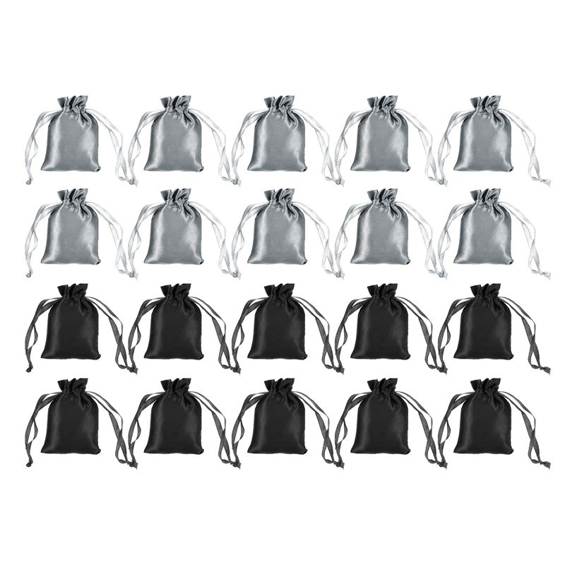 Unique Bargains Smooth Soft Wedding Christmas Satin Bags with Drawstring 50 Pcs Gray, Black