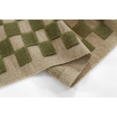 Green and Beige Handwoven Wool Checkered Runner Rug