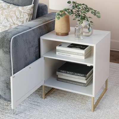 Mina White and Gold Rattan Wood End Table with Boho Storage