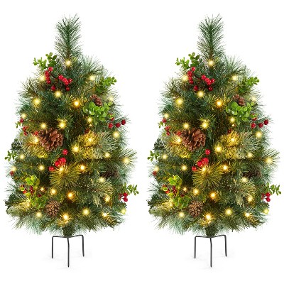Yaheetech 2Ft/3Ft Pre-Lit Outdoor Pathway Christmas Trees, Set of 2