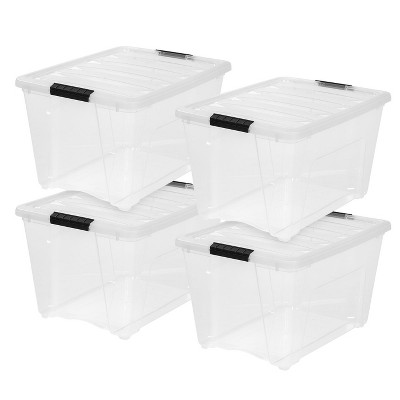 IRIS USA 53 Quart Plastic Storage Bin Tote Organizing Container with Durable Lid and Secure Latching Buckles, Stackable and Nestable, Clear with Black Buckle, Set of 4