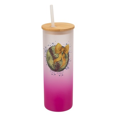 Elanze Designs 25 Ounce Frosted Glass Gradient Travel Tumbler With Straw and Wooden Lid, Softball With Gold Bow Pink